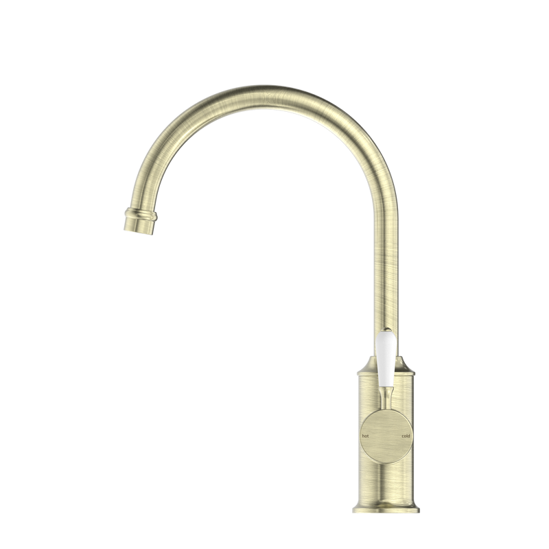 York Kitchen Mixer Gooseneck Spout With White Porcelain Lever Aged Brass