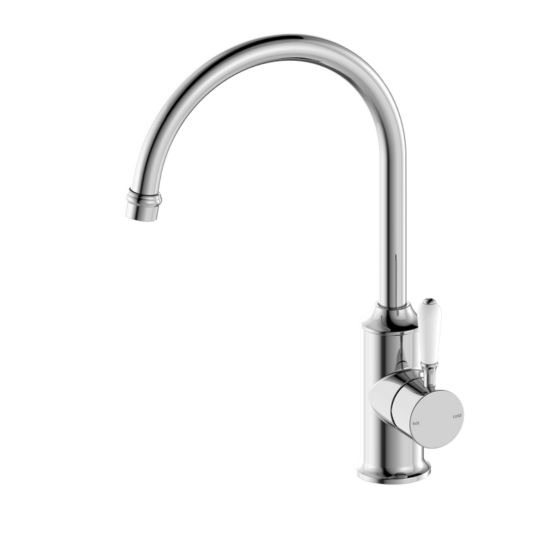 York Kitchen Mixer Gooseneck Spout With White Porcelain Lever Chrome
