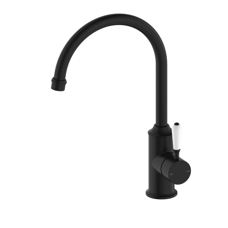 York Kitchen Mixer Gooseneck Spout With White Porcelain Lever Matte Black