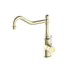 York Kitchen Mixer Hook Spout With White Porcelain Lever Aged Brass
