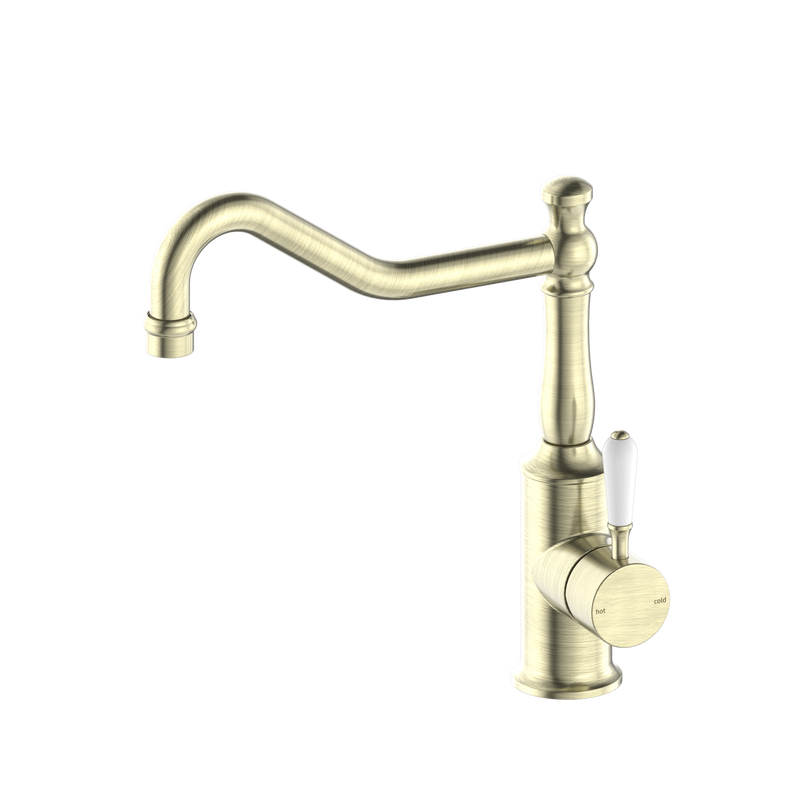 York Kitchen Mixer Hook Spout With White Porcelain Lever Aged Brass