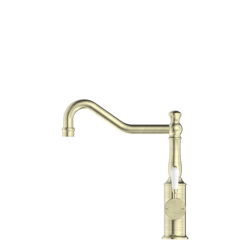 York Kitchen Mixer Hook Spout With White Porcelain Lever Aged Brass