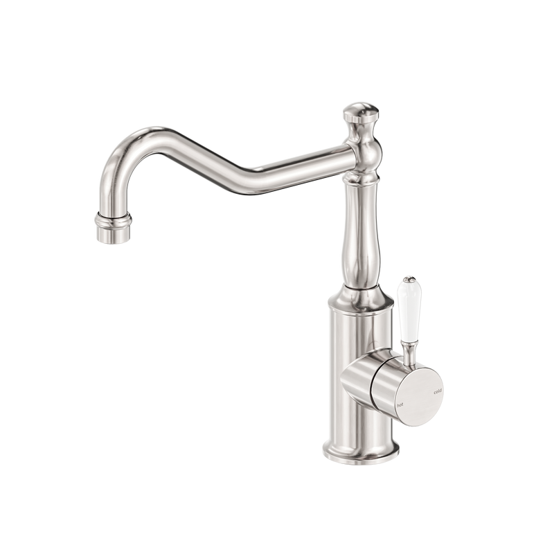 York Kitchen Mixer Hook Spout With White Porcelain Lever Brushed Nickel