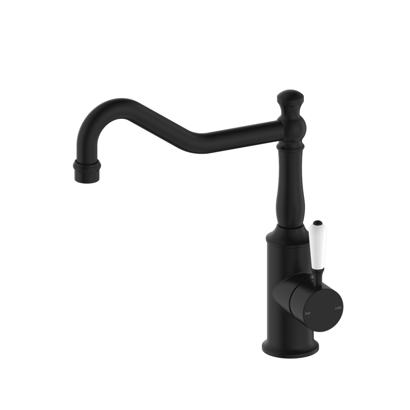 York Kitchen Mixer Hook Spout With White Porcelain Lever Matte Black