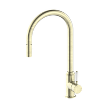York Pull Out Sink Mixer With Vegie Spray Function With White Porcelain Lever Aged Brass