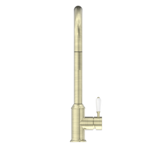 York Pull Out Sink Mixer With Vegie Spray Function With White Porcelain Lever Aged Brass