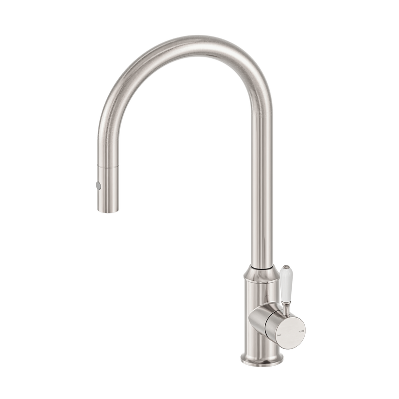 York Pull Out Sink Mixer With Vegie Spray Function With White Porcelain Lever Brushed Nickel