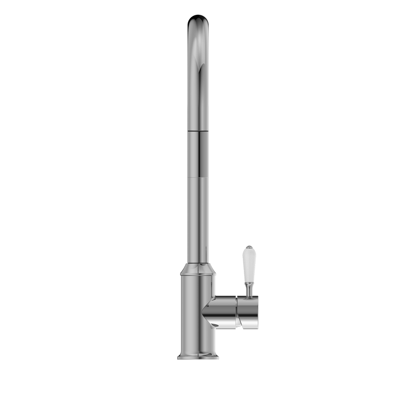 York Pull Out Sink Mixer With Vegie Spray Function With White Porcelain Lever Chrome