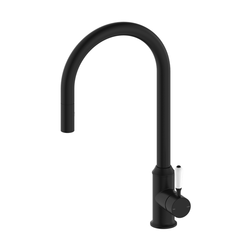 York Pull Out Sink Mixer With Vegie Spray Function With White Porcelain Lever Matte Black