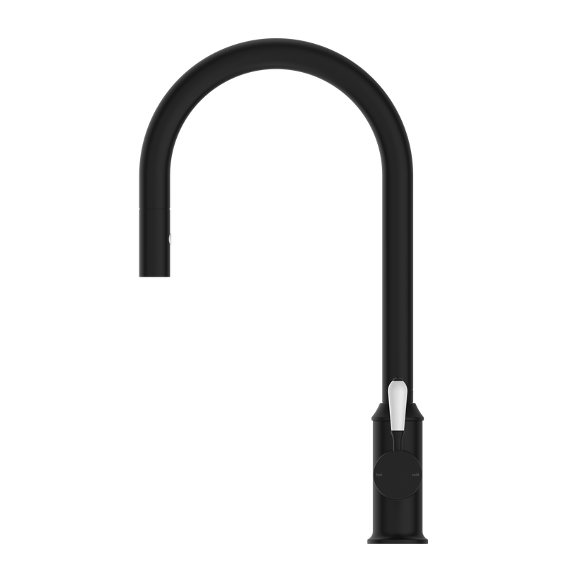 York Pull Out Sink Mixer With Vegie Spray Function With White Porcelain Lever Matte Black