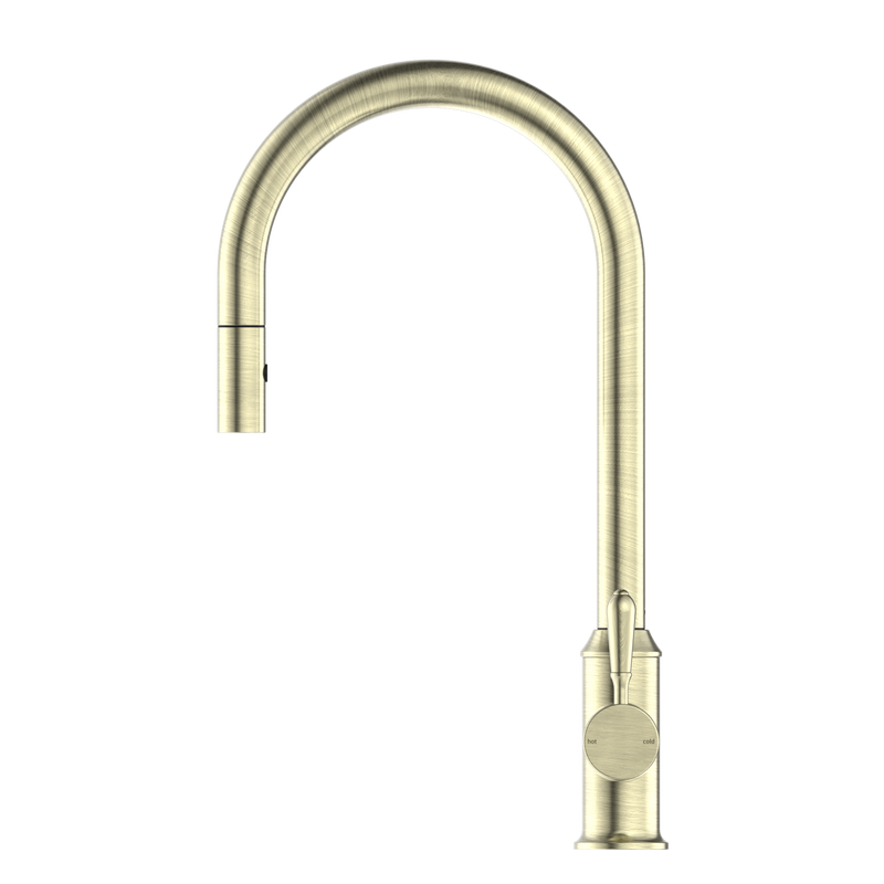 York Pull Out Sink Mixer With Vegie Spray Function With Metal Lever Aged Brass