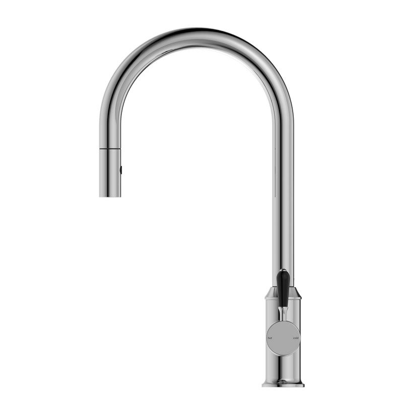 York Pull Out Sink Mixer With Vegie Spray Function With Black Porcelain Lever Chrome