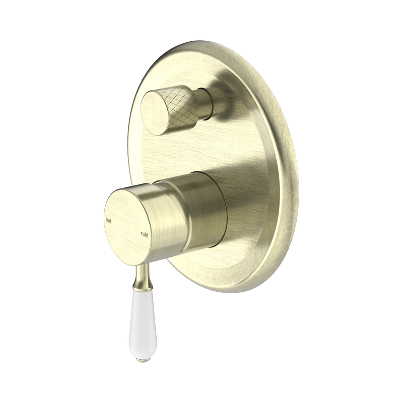 York Shower Mixer With Diverter With White Porcelain Lever Aged Brass
