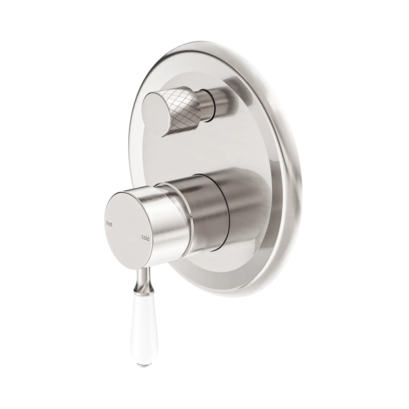 York Shower Mixer With Diverter With White Porcelain Lever Brushed Nickel