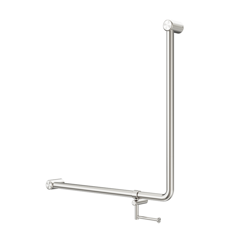 Mecca Care 32mm 90 Degree NZ4121 Accessible Toilet Grab Rail 750X750mm With Toilet Roll Holder Brushed Nickel