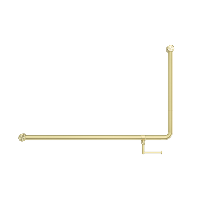 Mecca Care 32mm DDA Accessible Toilet 90 Degree Bent Tube Grab Rail 600X1000mm With Toilet Roll Holder Brushed Gold