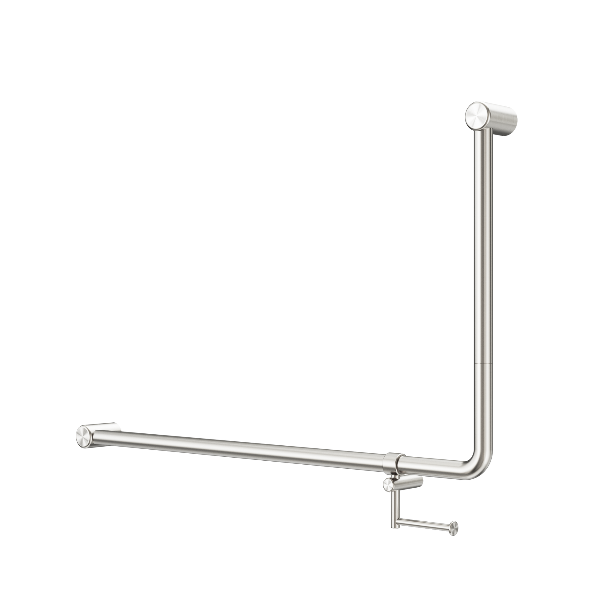 Mecca Care 32mm DDA Accessible Toilet 90 Degree Bent Tube Grab Rail 600X1000mm With Toilet Roll Holder Brushed Nickel
