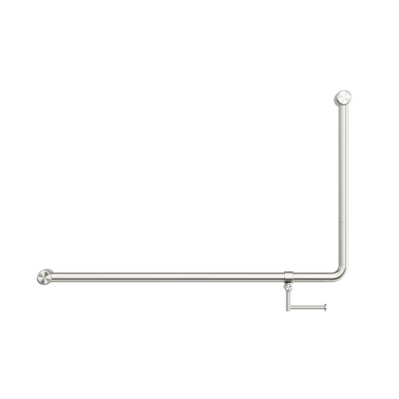 Mecca Care 32mm DDA Accessible Toilet 90 Degree Bent Tube Grab Rail 600X1000mm With Toilet Roll Holder Brushed Nickel