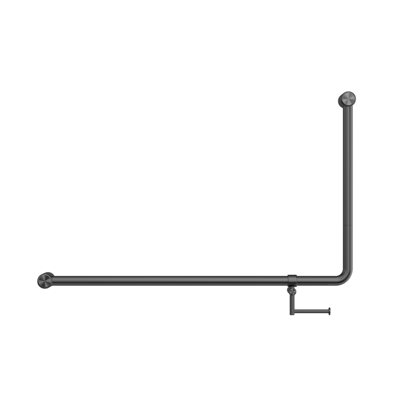 Mecca Care 32mm DDA Accessible Toilet 90 Degree Bent Tube Grab Rail 600X1000mm With Toilet Roll Holder Gun Metal