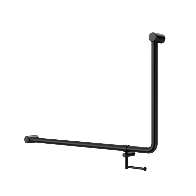 Mecca Care 32mm DDA Accessible Toilet 90 Degree Bent Tube Grab Rail 600X1000mm With Toilet Roll Holder Matte Black