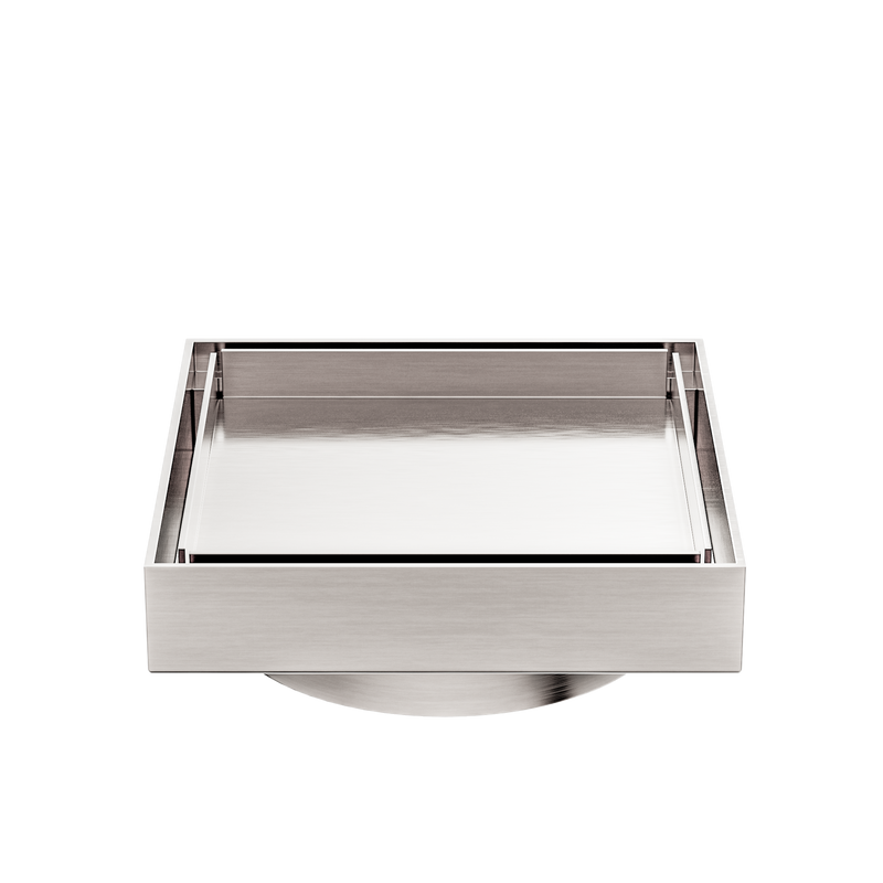 130mm Square Tile Insert Floor Waste 100mm Outlet Brushed Nickel